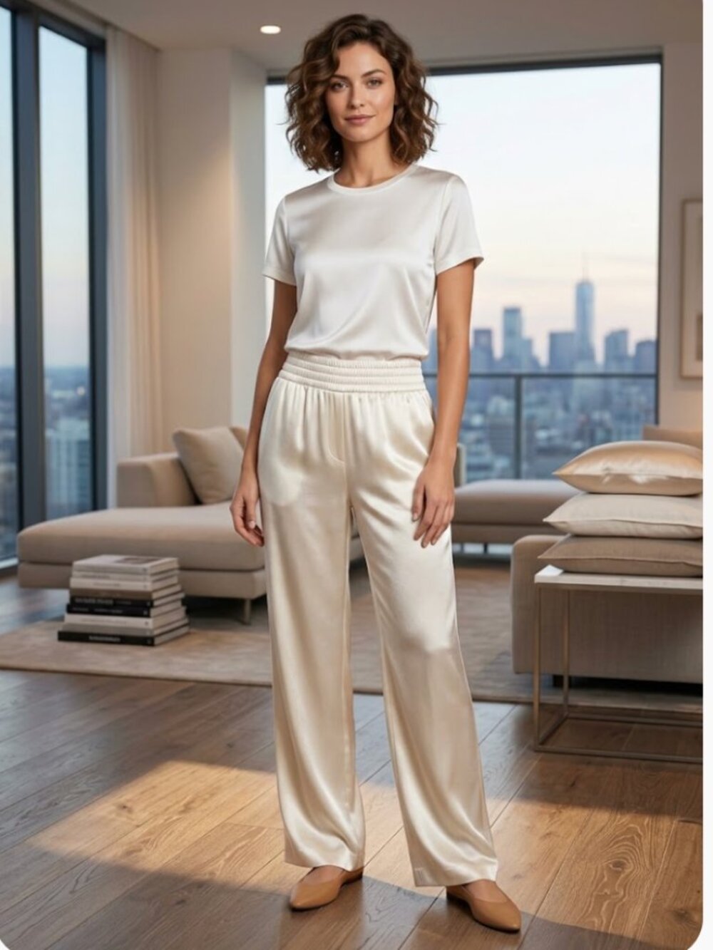 NWT Cinq à Sept Kylie Hammered Satin Pants Large, GARDENIA WHITE